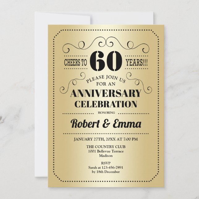 Invitación Fiesta por 60 años de Boda - Dorado Negro (Anverso)