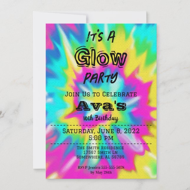 Invitación Fiesta por el cumpleaños de Tie Dye Glow (Anverso)