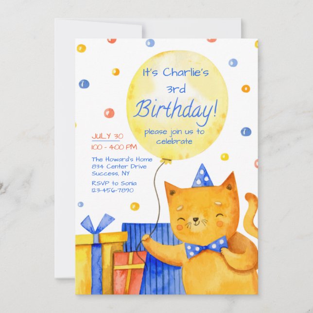 Invitación Fiesta por el cumpleaños del gato (Anverso)