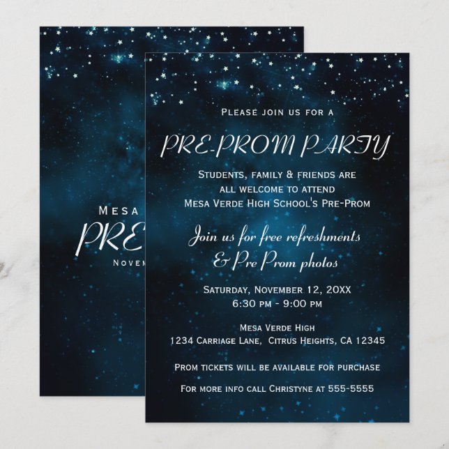Invitación Fiesta Pre Baile Nocturno Encantado y Estrellado (Anverso / Reverso)
