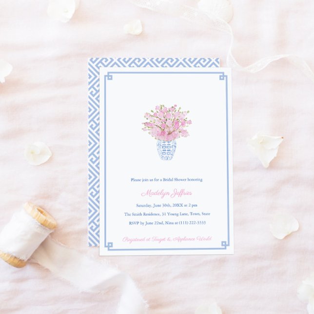 Invitación Fiesta Preppy Blue & Pink Ginger Jar Bridal Shower (Subido por el creador)