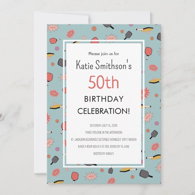 Invitación Fiesta Preppy Bold Blue Pickleball 50 cumpleaños (Anverso)