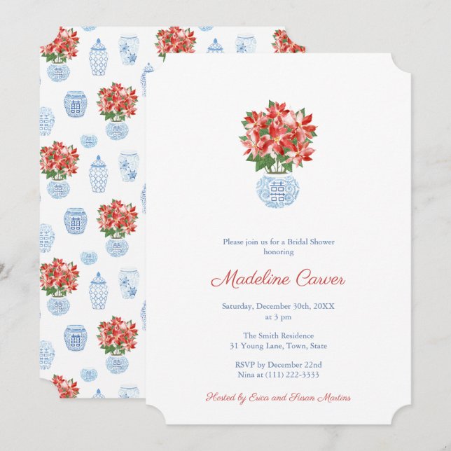 Invitación Fiesta Preppy Red Poinsettia Holidays Bridal Showe (Anverso / Reverso)