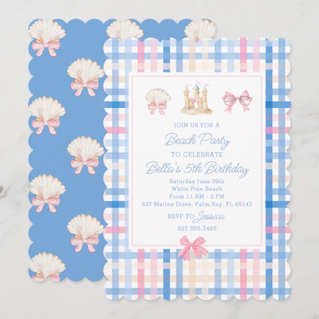 Invitación Fiesta Preppy Watercolor Beach (Anverso / Reverso)