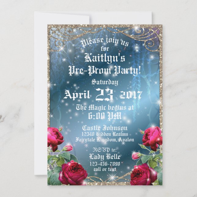 Invitación Fiesta preprom de jardín encantado con rosa roja (Anverso)