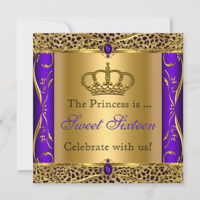 Invitación Fiesta Princess Regal Purple Leopard Sweet 16 (Anverso)