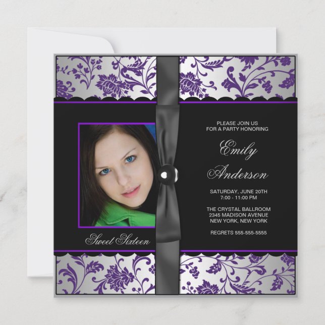 Invitación Fiesta Purple Black Damask Foto Dulces 16 (Anverso)