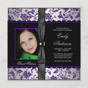Invitación Fiesta Purple Black Damask Foto Dulces 16