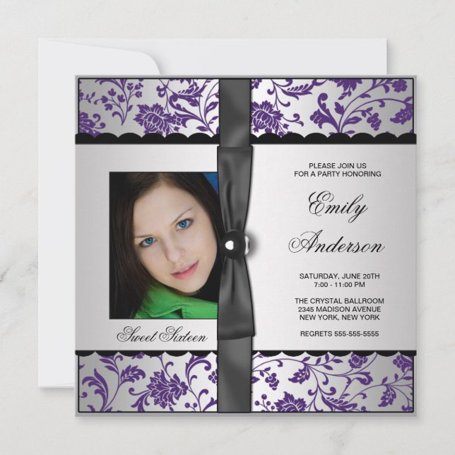 Invitación Fiesta Purple Damask Foto Dulces 16 (Anverso)