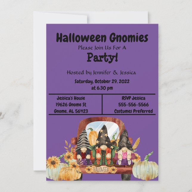Invitación Fiesta Purple Halloween Gnome (Anverso)