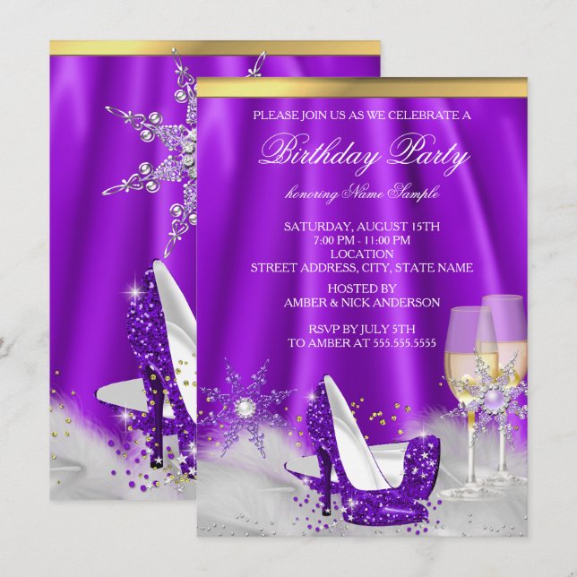 Invitación Fiesta Purple High Heol Gold Champagne Snowflakes (Anverso / Reverso)