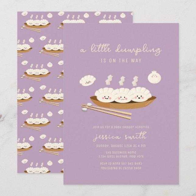 Invitación Fiesta Purple Kawaii Stream Bao Dumpling Baby Show (Anverso / Reverso)