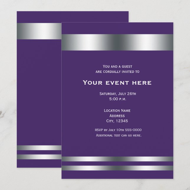 Invitación Fiesta Purple & Silver Elegner (Anverso / Reverso)