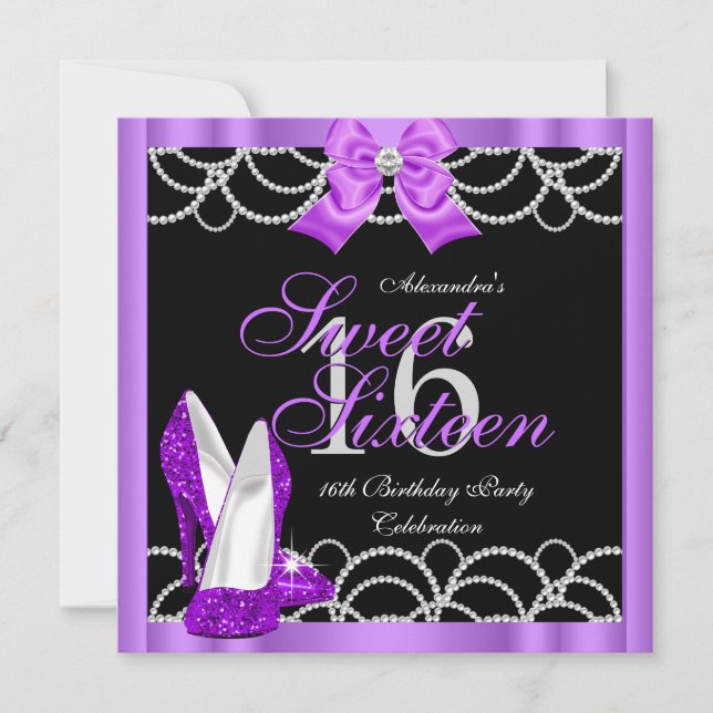 Invitación Fiesta Purple Sweet 16 Dulces Dieciséis Brillo Neg (Anverso)