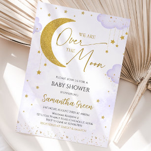 Invitación Fiesta Purple We are Over the Moon para Baby Showe