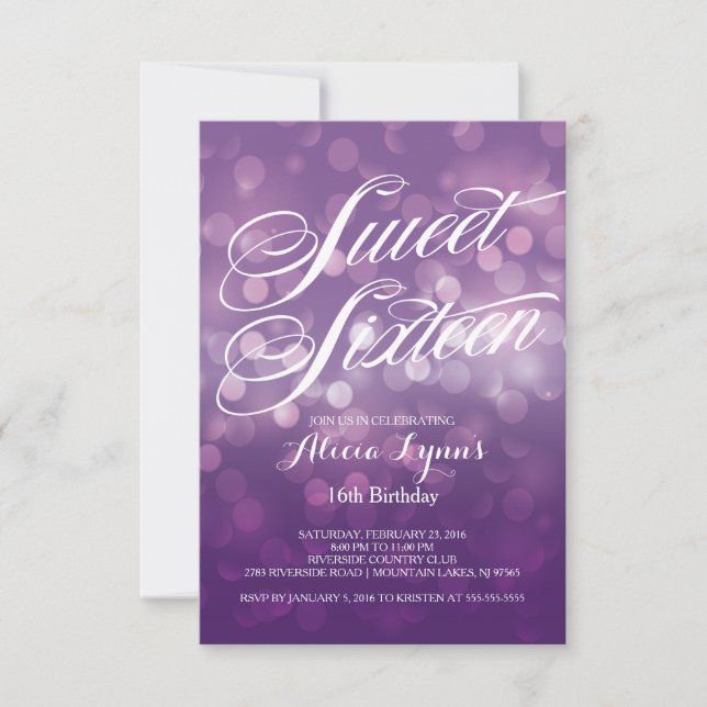 Invitación Fiesta púrpura de moda del dulce dieciséis de las (Anverso)