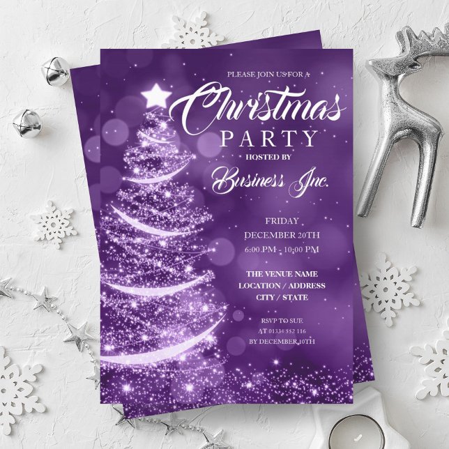 Invitación FIESTA Púrpura del árbol de Navidad EMPRESARIAL (CORPORATE Christmas Tree Sparkle Purple Party Invitation)