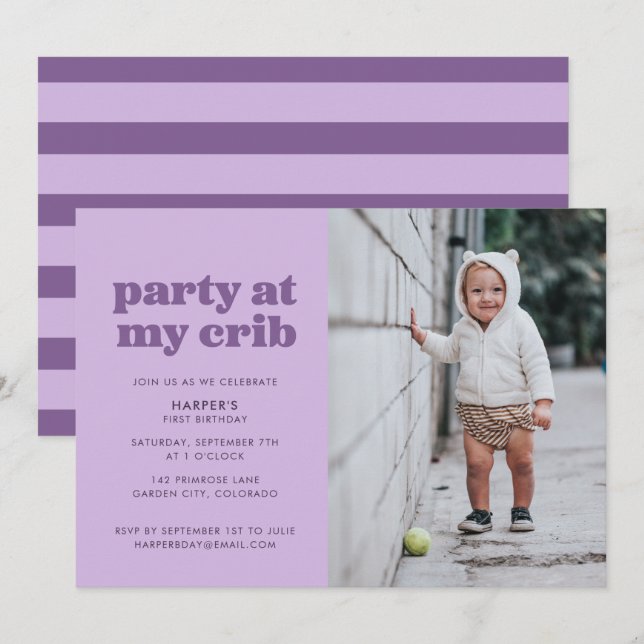 Invitación Fiesta púrpura en mi primer Fiesta de cumpleaños (Anverso / Reverso)