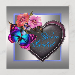 Invitación Fiesta púrpura rosado de plata de la mariposa