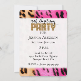 Invitación Fiesta Purpurina de Leopardo Oro de Crema Rosa