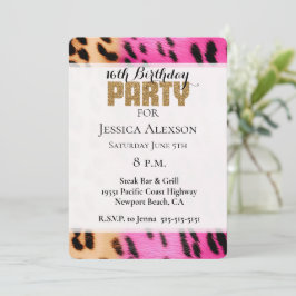 Invitación Fiesta Purpurina de Leopardo Oro de Crema Rosa