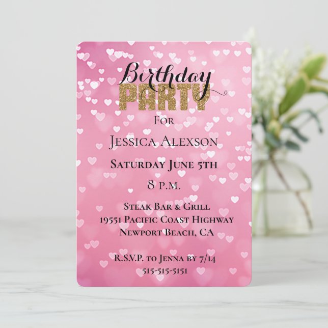 Invitación Fiesta Purpurina de oro Corazón blanco rosado Cump (Anverso de pie)