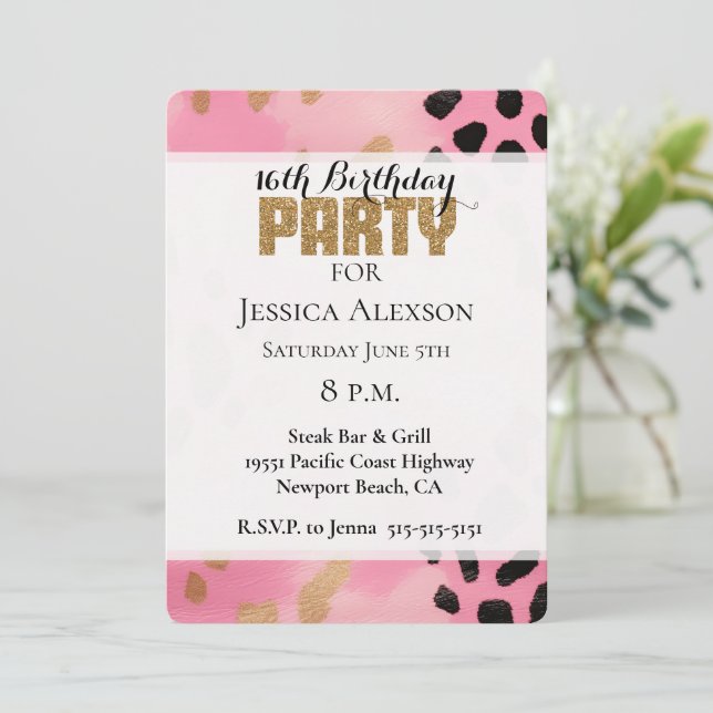 Invitación Fiesta Purpurina del Leopardo Oro Rosa (Anverso de pie)