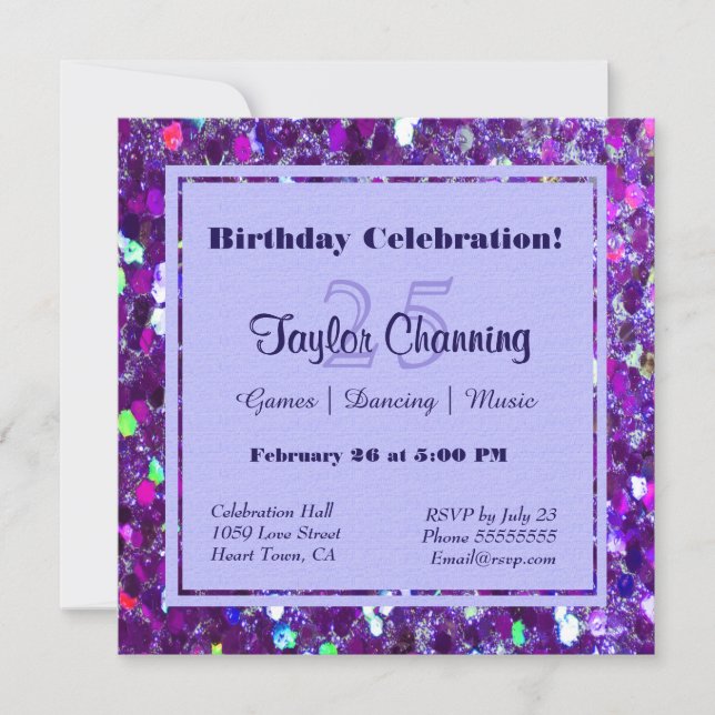 Invitación Fiesta Purpurina púrpura (Anverso)