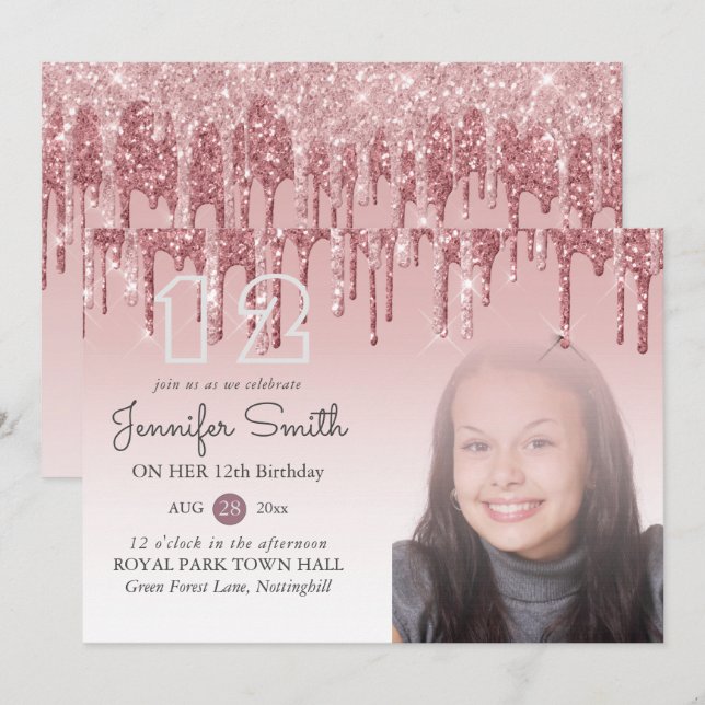 Invitación FIESTA purpurina Rosa Gold PINK CUALQUIER Chica DE (Anverso / Reverso)