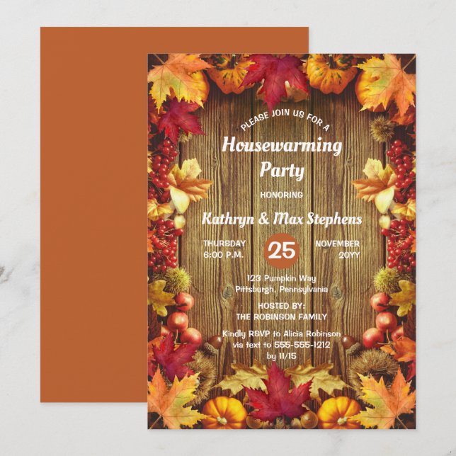 Invitación Fiesta que calienta el hogar - Rústicas hojas de o (Anverso / Reverso)