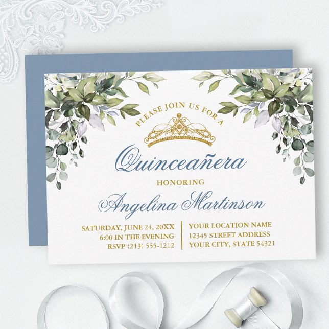 Invitación Fiesta Quinceanera Azul Dusty (Customize to change text color, style, add text & photos to back or change color of back of card.)