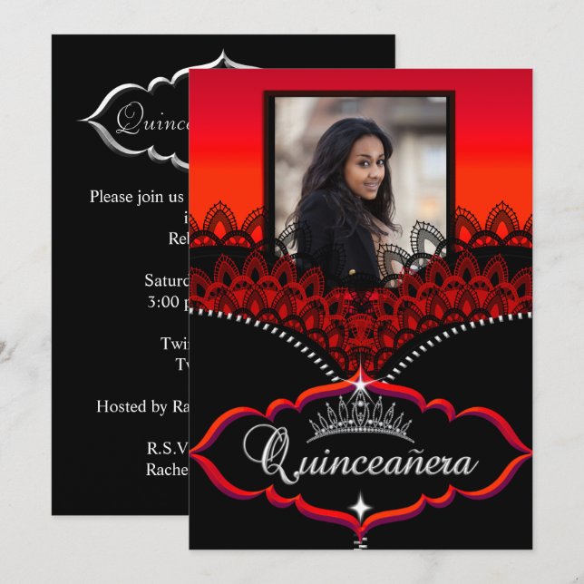Invitación Fiesta Quinceanera Chica de encaje negro rojo (Anverso / Reverso)