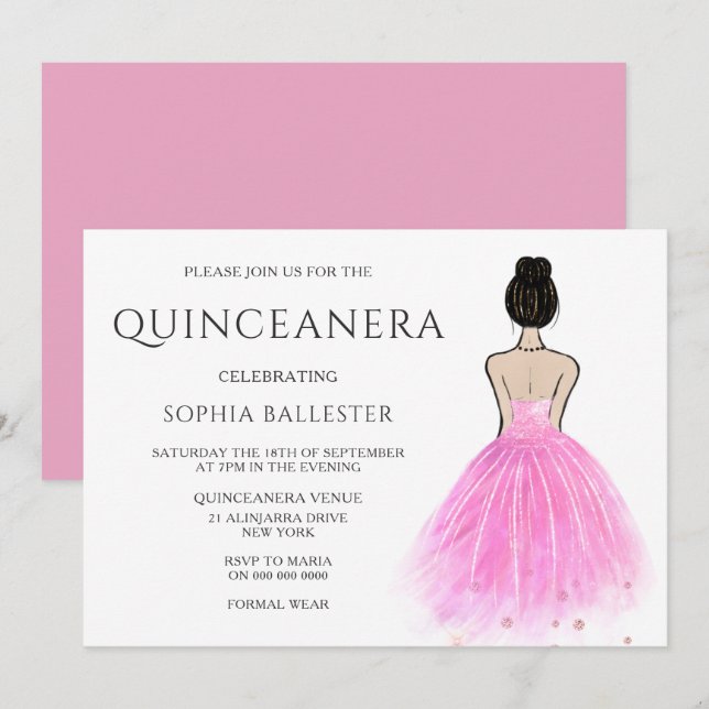 Invitación Fiesta Quinceanera Chica de vestimenta de la Princ (Anverso / Reverso)