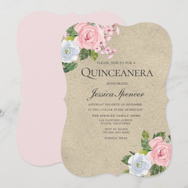 Invitación Fiesta Quinceanera con flor dulce rosa (Anverso / Reverso)