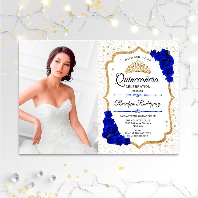 Invitación Fiesta Quinceanera con foto - Azul dorado blanco (Subido por el creador)