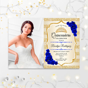 Invitación Fiesta Quinceanera con foto - Azul real dorado
