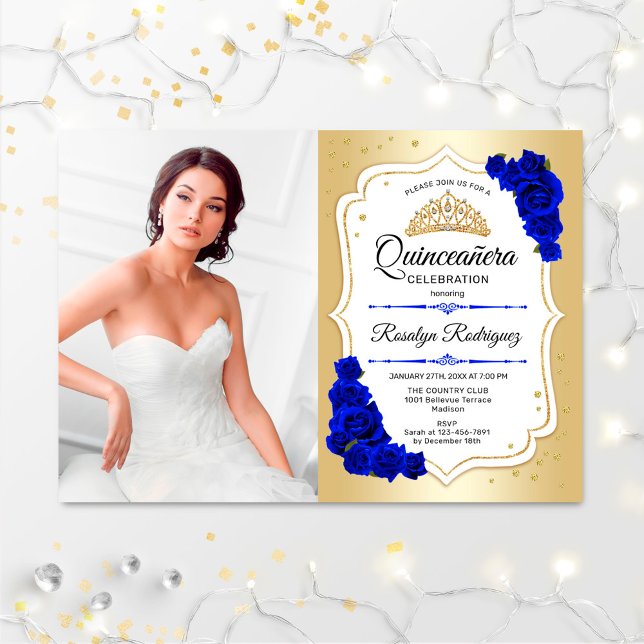 Invitación Fiesta Quinceanera con foto - Azul real dorado (Subido por el creador)