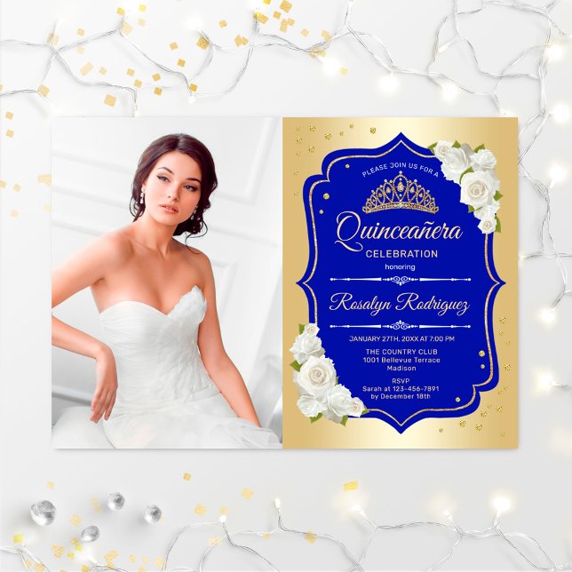 Invitación Fiesta Quinceanera con foto - Azul real dorado (Subido por el creador)