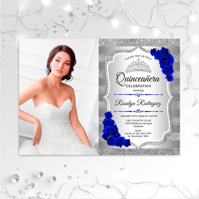 Invitación Fiesta Quinceanera con foto - Azul real plateado (Subido por el creador)