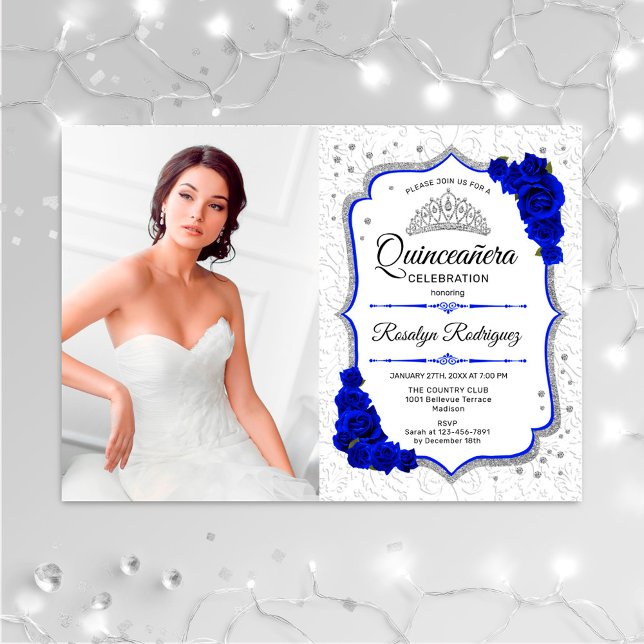 Invitación Fiesta Quinceanera con foto - Azul real plateado (Subido por el creador)
