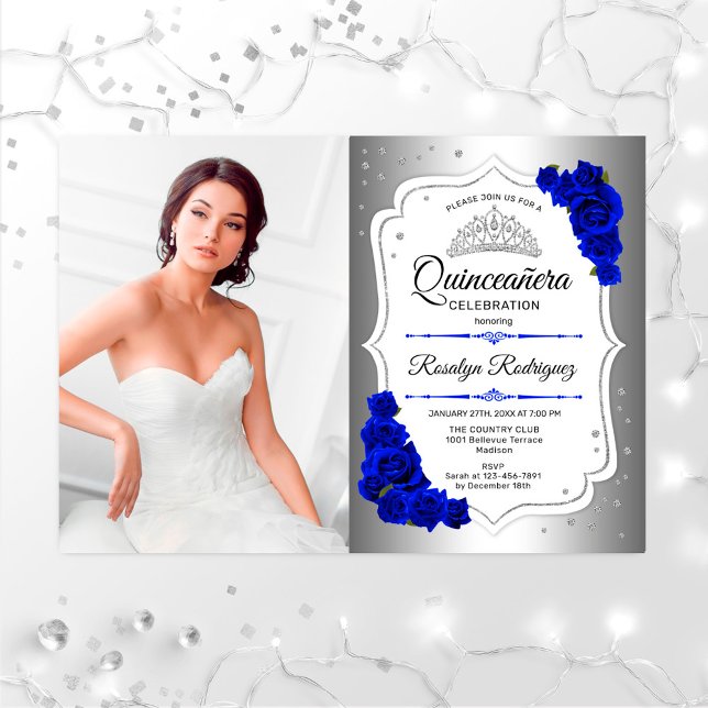 Invitación Fiesta Quinceanera con foto - Azul real plateado (Subido por el creador)