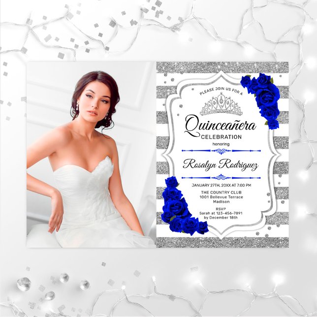 Invitación Fiesta Quinceanera con foto - Azul real plateado (Subido por el creador)