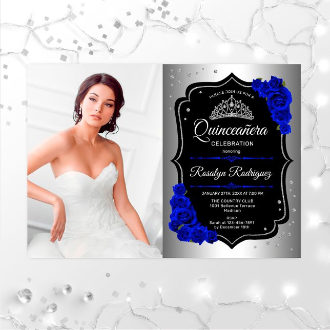 Invitación Fiesta Quinceanera con foto - Azul real plateado (Subido por el creador)