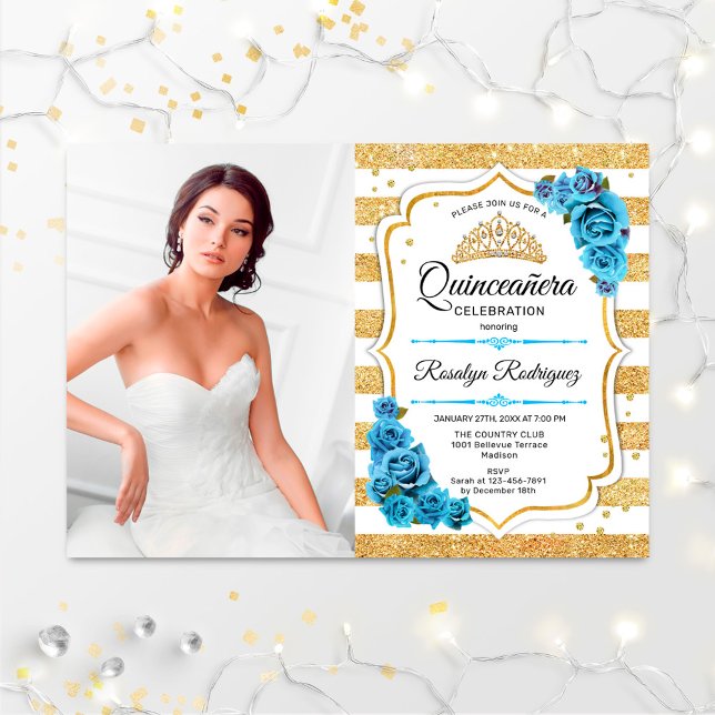 Invitación Fiesta Quinceanera con foto - Azul Turquesa Oro (Subido por el creador)