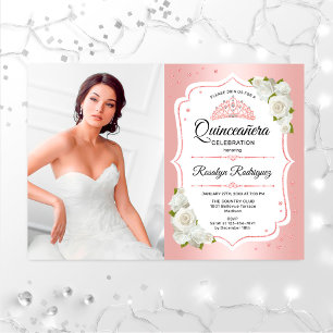 Invitación Fiesta Quinceanera con foto - Blanco Oro Rosa
