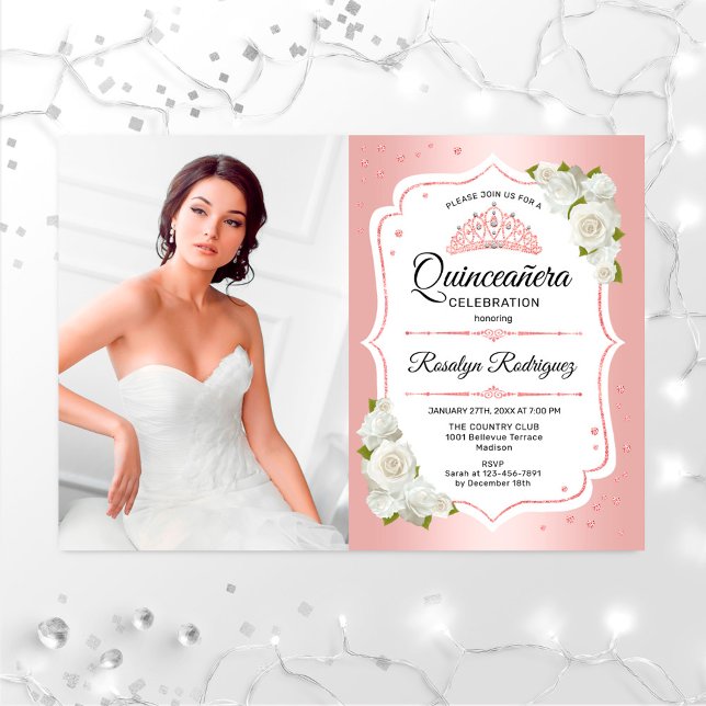 Invitación Fiesta Quinceanera con foto - Blanco Oro Rosa (Subido por el creador)