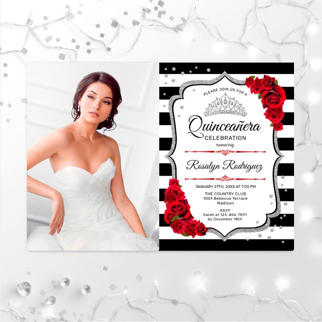 Invitación Fiesta Quinceanera con foto - Blanco Rojo plateado (Subido por el creador)