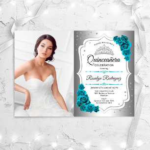 Invitación Fiesta Quinceanera con foto - Blanco Verde azulado