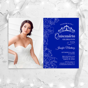Invitación Fiesta Quinceanera con foto - Floral azul real