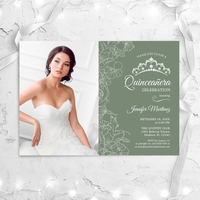 Invitación Fiesta Quinceanera Con Foto - Floral Verde Sage (Subido por el creador)